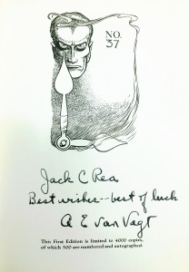 Autographed flyleaf of the Masters of Time, A. E. Van Vogt.