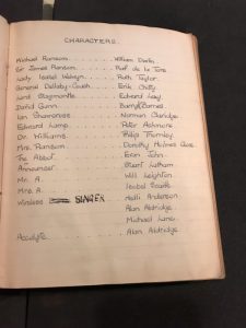 Handwritten cast list for the play "Ascent of F6"