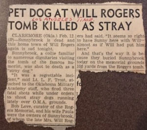 Newspaper clipping entitled "Pet Dog at Will Rogers Tomb Killed as Stray"