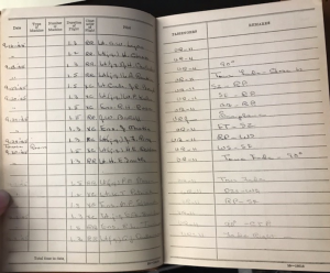 Two pages of a flight log book