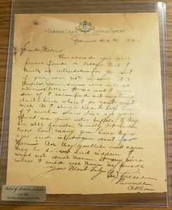 Photograph of a handwritten letter from G.W. Lillie to "Friend Miller" written on "Pawnee Bill's Buffalo Ranch" letterhead