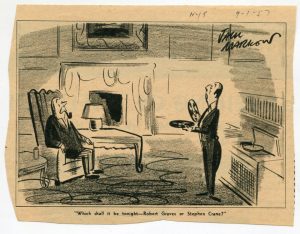 Image of a cartoon from the New York Times depicting a high society gentleman smoking a pipe while the butler asks which record he wants: Robert Graves or Stephen Crane