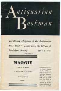 Image of the Antiquarian Bookman advertisement cover featuring Stephen Crane's first book Maggie