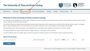 A Screen grab from the University of Tulsa's AcrhiveSpace page with an arrow and a circle indicating the "Digital Materials" Tab