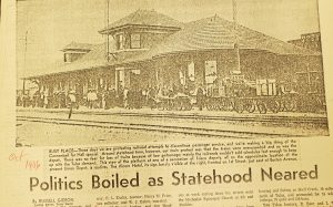 Photograph of a newspaper headline that reads "Politics Boiled as Statehood Neared"