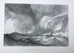 Black and white etching of a small shipwreck in a turbulent sea, with cliffs and sky in the background