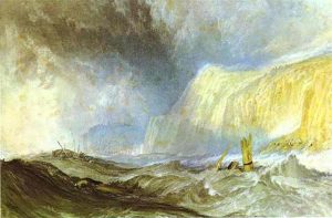 A colorful painting of a small shipwreck with yellow cliffs in the background and a dark, turbulent sea in the foreground