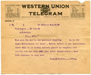 scanned image of a Western Union Telegram sent 3-1-21 mentioning that no bills passed until after the inauguration