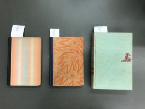 A photo of the covers of three novels. The far left has pastel vertical stripes in yellow, blue, green, and peach. The middle has a leaf print, and the third is a lime green book with a small sailboat on it. 