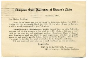 Scanned image of a card from Oklahoma State Federation of Women's Clubs
