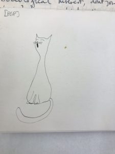 Pencil sketch of a cat sitting and yawning with eyes closed