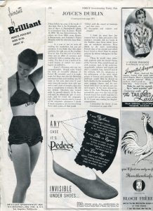 scanned image of a black and white page of advertisements surrounding an article about Joyce's Dublin