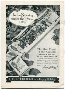 Scanned black and white image of an advertisement for Chesterfield cigarettes "In the stocking under the tree-for every smoker on your list