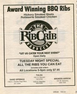 Scanned image of an advertisement for Rib Crib Award Winning BBQ Ribs with locations around Tulsa