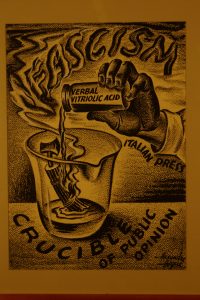 black and white image of a hand pouring a substance into a container, labeled with words about fascism, created by Alexandre Hogue