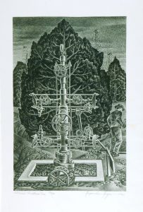black and white image of a tree surrounded by oil pipes and towers, with a man standing nearby on the side, created by Alexandre Hogue