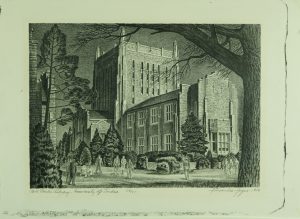 black and white hand drawn image of TU's McFarlin library with people walking around outside, created by Alexandre Hogue